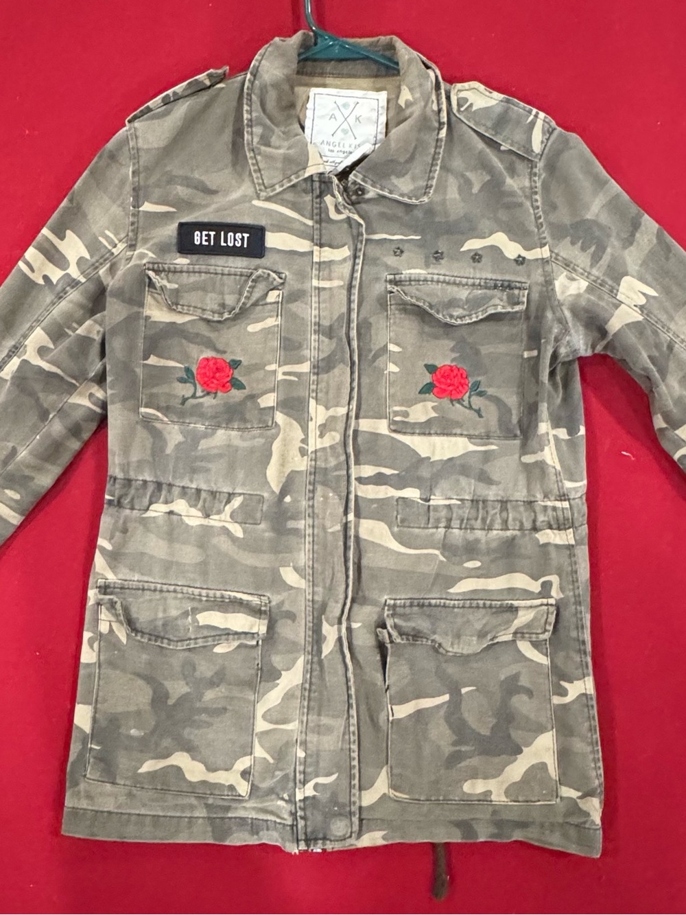 Angel Kiss Green Camo Utility Jacket with Red Rose Embroidery